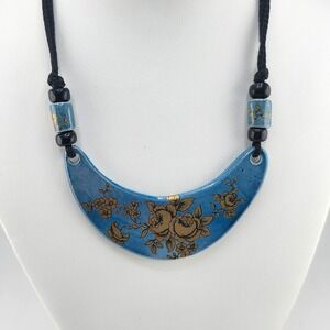 Vintage Blue Ceramic Pendant Necklace with Gold‎ Floral Design Adjustable Cord